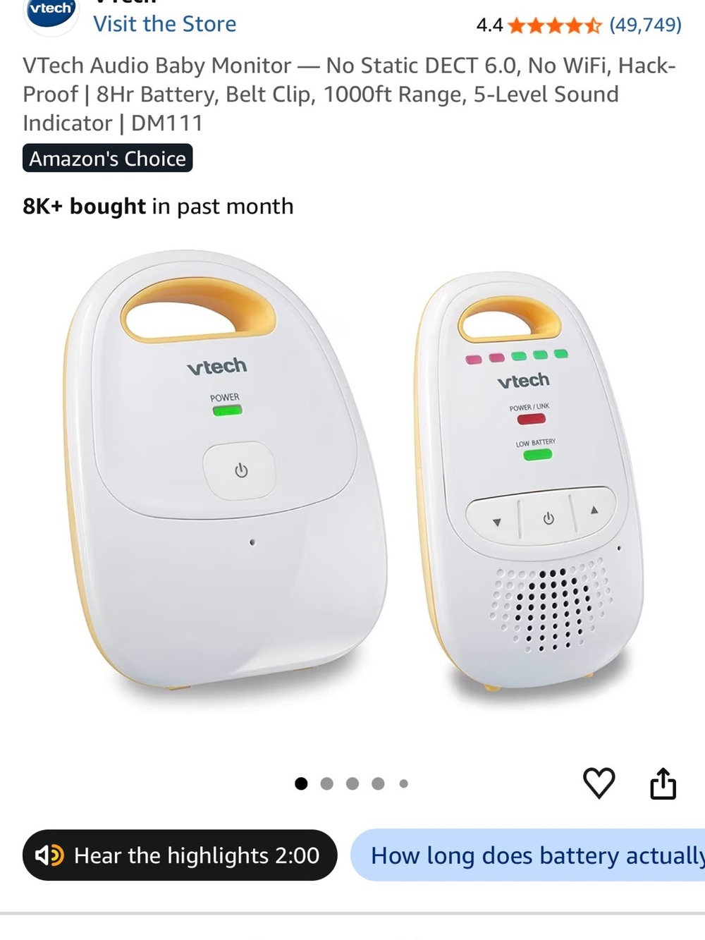 VTech Audio Baby Monitor - Portable Two-Piece Set Like New